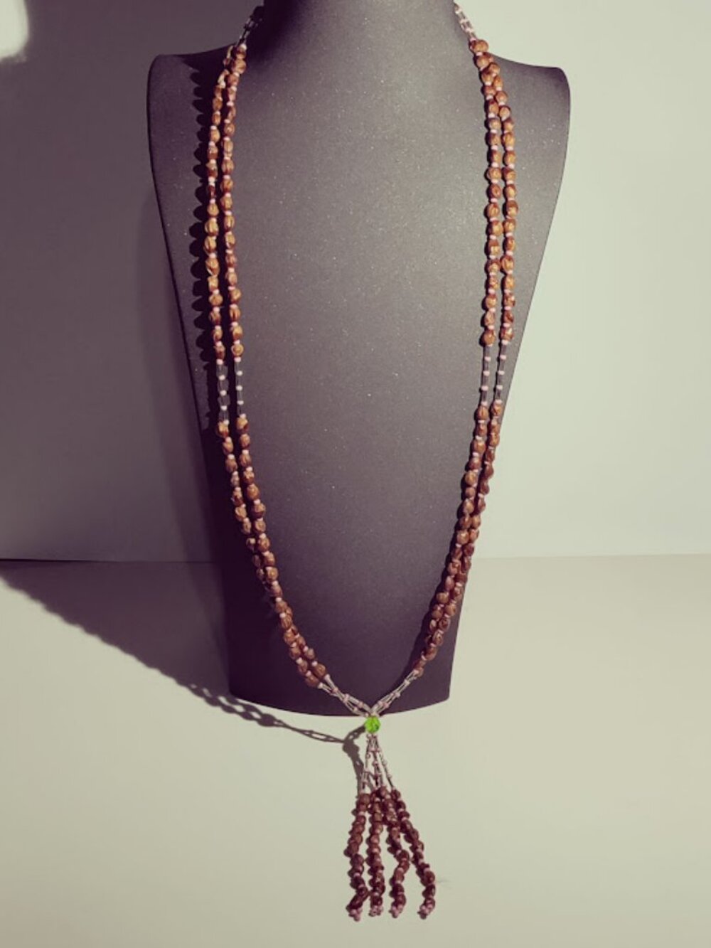Long Boho Beaded Tassel Necklace Brown Pink